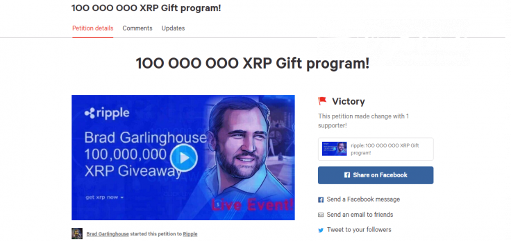 Petition on behalf of Brad Garlinghouse promotes XRP scam on Change.org