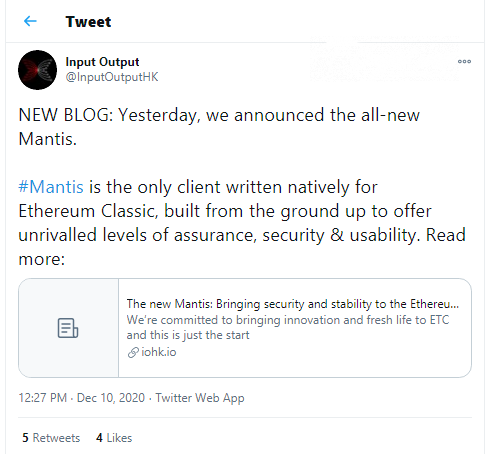 New client for ETC, Mantis, has been released by IOHK