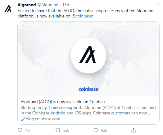 Algorand (ALGO) listed on Coinbase