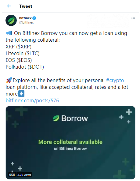 Bitfinex Borrow adds XRP, EOS, LTC, DOT as its new collateralized assets