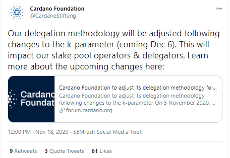 Cardano (ADA) will have its decentralization increased since Dec.6