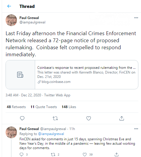 Coinbase: FinCEN should prolong the term of discussion about new rules
