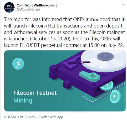 Colin Wu: OKEx will list FIL once it mainnet goes live