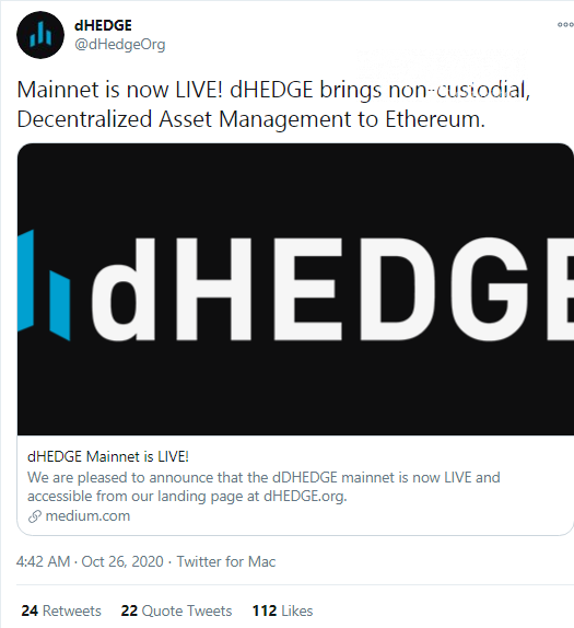 dHEDGE portfolio management platform goes live in mainnet