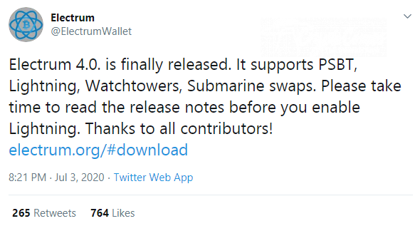 Electrum Wallet adds Lightning Network support in v4 release