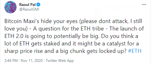 Raoul Pal concerned about possible effects of ETH2 deposit contract launch on Ether price