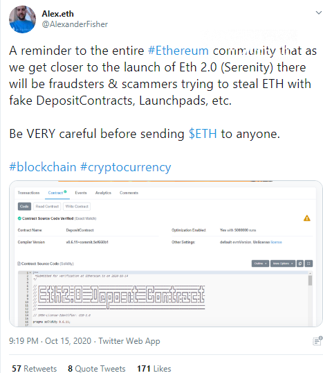 Ethereum scammers deployed frauduent ETH2 contract