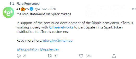 Flare's Spark airdrop will be supported by eToro