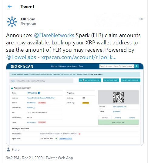 Spark (FLR) airdrop amounts now displayed in XRPScan