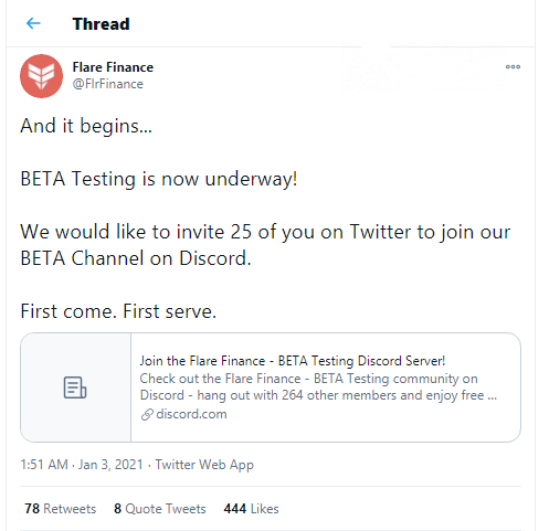 Flare Finance started beta testing