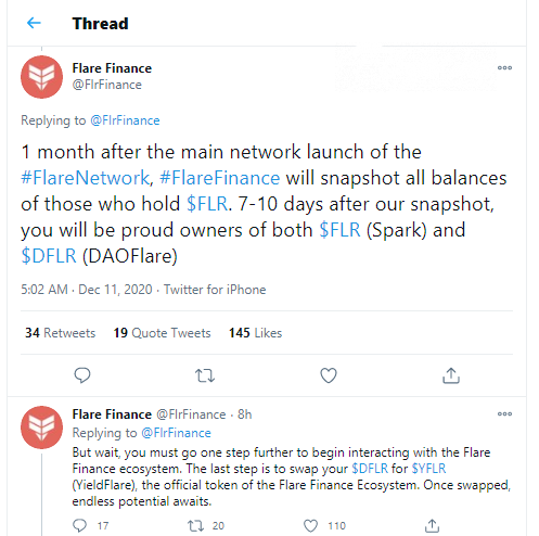 Flare Finance will distribute its own tokend when Flare's mainnet goes live