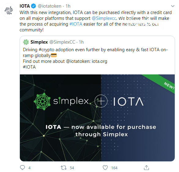 IOTA tokens can be purchased with fiat money via Simplex