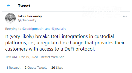 Chervinsky: New Rule (very likely) breaks DeFi integrations in custodial platforms