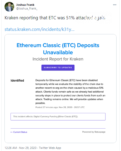 Kraken accused ETC of 51% attack by mistake