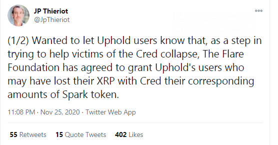 Flare Network will send Spark tokens to the victims of Cred collapse