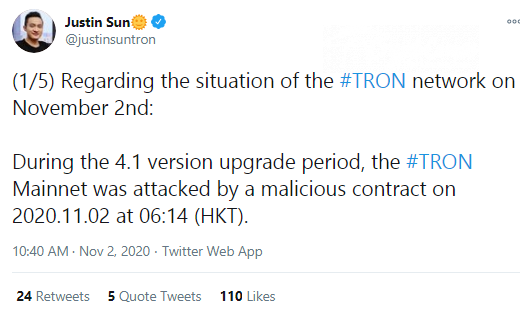 Justin Sun shares the news on Tron attack