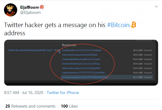 Message promoting Monero (XMR) shared by Twitter hackers