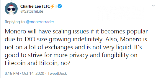 Monero (XMR)will face scalability issues: Litecoin's Charlie Lee