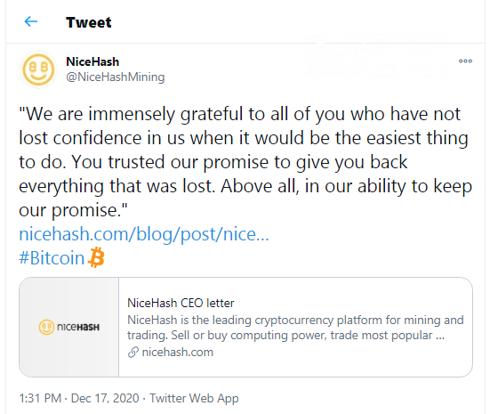 Nicehash closes its repayment program: 100% of Bitcoins (BTC) are compensated