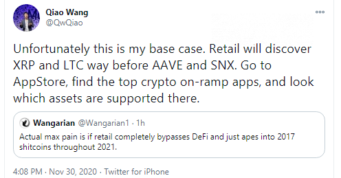 Qiao Wang: XRP, LTC will be adopted by retail before SNX, AAVE