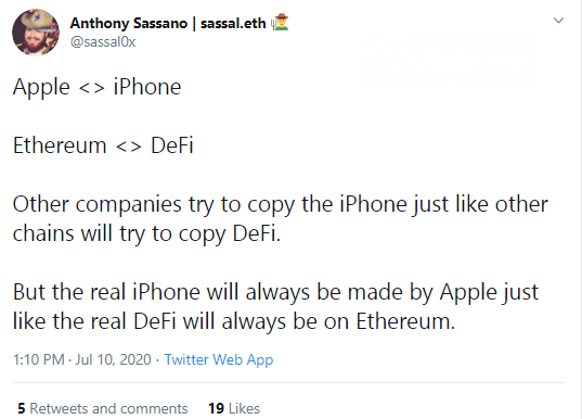 Anthony Sassano compares Ether-based DeFi to Apple's iPhone