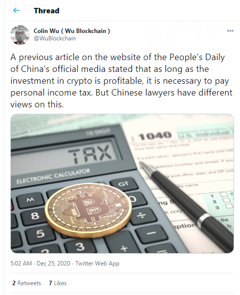 Colin Wu: CCP newspaper claims crypto profits are taxable