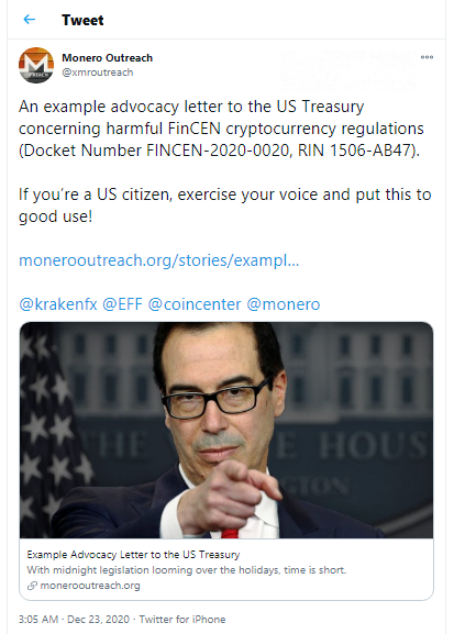 Monero (XMR) community shares an example of letter to FinCEN