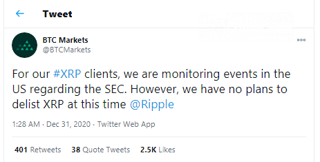 BTC Markets won't delist XRP