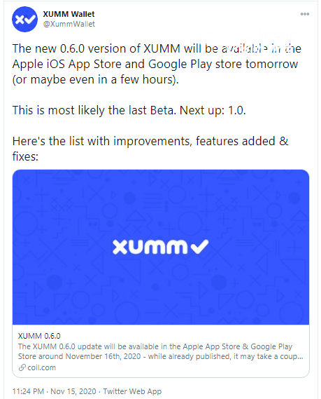 XUMM wallet releases 0.6.0, last beta