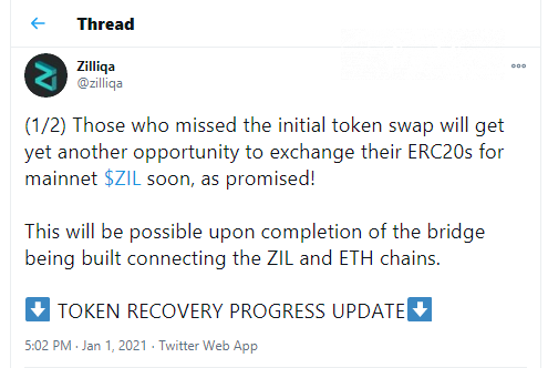 ERC-20 Zilliqa tokens will be exchanges to native blockchain units