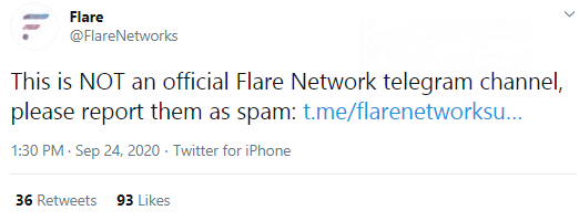 Flare Network discloses impersonators' Telegram channel